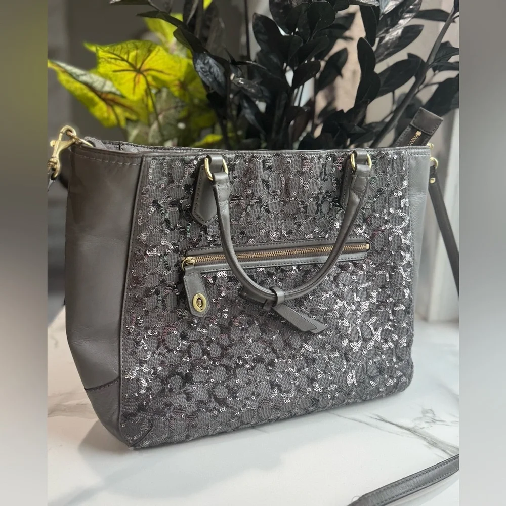 Coach Charcoal Gray Sequin 2-Way Leather Tote Bag